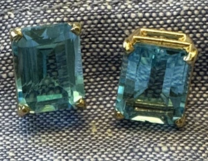 New 14K Genuine Blue Topaz Emerald Cut Earrings 6 Carats  - Picture 1 of 7