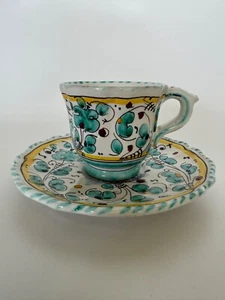 Deruta Italy Maioliche grüne Lachhahn Espressotasse und Untertasse - Bild 1 von 8