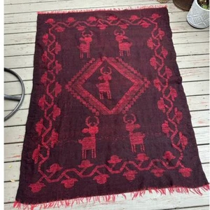 Vintage Folk Art Fringe Wool Blanket Aztec Southwestern Red Deer People 59”X 72” - Picture 1 of 22