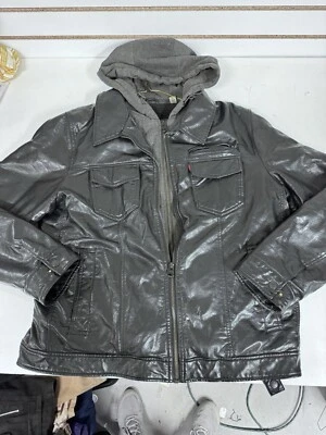 Levi's Mens Large Leather Jacket With Faux Hoodie Black And Gray BH - Image 1 of 4