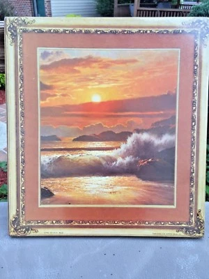 NOS Vtg Cork Litho Print-SUNSET/SUNRISE OCEAN SURF & CRASHING WAVES~Wall Plaque  - Image 1 of 4