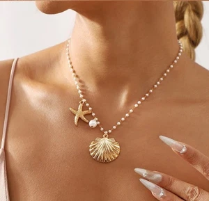 Zara Chapado en Oro 18K Nuevo Estrella de Mar Perla Vieira Concha Delicado Collar de Perlas - Imagen 1 de 4