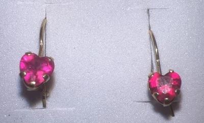 14ct Solid Gold Heart Shaped Ruby Earrings Dangle / Simply Beautiful! (j52) - Image 1 of 4