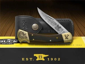 Buck 110 Wooden Whitetail Buck Scrolled Bolster Folding Hunter Knives - Picture 1 of 4