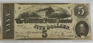 Confederate T-60 4/6/1863 $5 (#878) Decent note, but holes and pinholes. - Picture 1 of 2