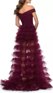 La Femme Size 16 Burgundy Off the Shoulder Sheer Tulle Ballgown $478.00 - Picture 1 of 9
