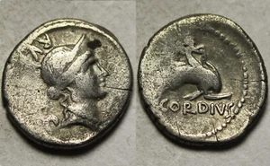 Rare genuine ancient Roman silver coin denarius Cordius Rufus 46BC Cupid dolphin - Picture 1 of 4