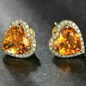 2 Ct Heart Cut Lab Created Yellow Citrine Diamond Earring 14K Yellow Gold Plated - Picture 1 of 5