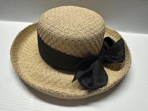 ⭐ CAPELLI STRAW WIDE BRIM NATURAL/BEIGE SUN HAT/BEACH BLACK BOW - Picture 1 of 5