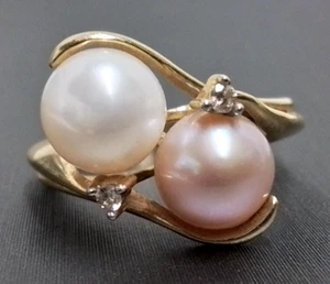 14K Yellow Gold Double Pearl White & Pink with Diamonds Ring - Size 5 - 3.4G - Picture 1 of 8