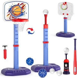 4 in 1 Toddler Kids Basketball Hoop, T Ball Set and Ring Toss Game, Adjustable H - Picture 1 of 7