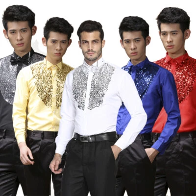 Men Sequin Shirts Tops Bowknot Shiny Chorus Dance Wedding Groomsman Costume - Image 1 of 4