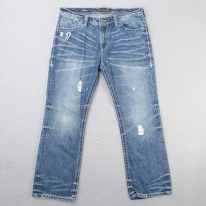 Affliction Men's 38 Reg Cooper Relaxed Boot Jeans Distressed Denim Blue 32" In - Picture 1 of 19