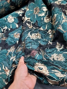 Green Floral Brocade Gold Metallic Brocade Fabric Sold By The Yard Black Organza - Picture 1 of 13