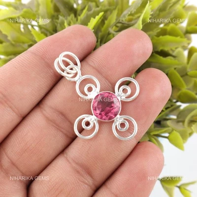 Rotondo Rosa Tormalina Gemma Sorella Art Déco Cyber Monday Ciondolo 925 Argento - Immagine 1 di 4