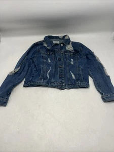 I&M Jeans Jacket Size S Denim Blue Button Front Ripped Distressed Pockets - Picture 1 of 15