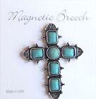 Magnet Brooch Religious Cross Clip Clasp Pin Turquoise Antique Silver Metal