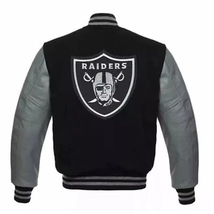 Varsity Oakland Raiders Black Wool Body with Gray Leather Sleeves Bomber Jacket - Picture 1 of 3