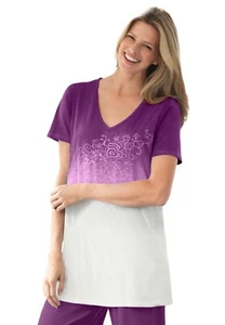 Woman Within Women's Plus Size Short-Sleeve V-Neck Embroidered Dip Dye Tunic - Picture 1 of 4