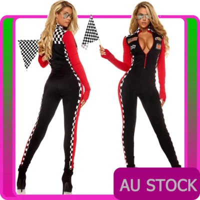 Ladies Car Racer Racing Sport Driver Costume Fancy Dress Party Outfit Jumpsuit - Image 1 of 4