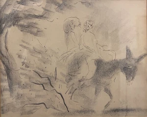 Marcel Vertes Mixed Media Zeichnung: Zwei Figuren auf einem Esel - Bild 1 von 2