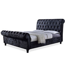 Queen Or King Black Velvet Upholstered Faux Crystal Buttoned Platform Sleigh Bed