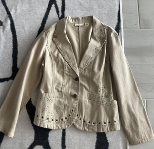 DKNY Beige Khaki Tan Women Blazer Boho Embroidered Blazer Size XL - Picture 1 of 11