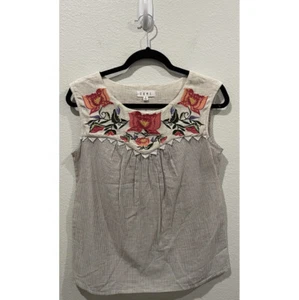 THML Beige Striped Embroidered Flowers Sleeveless Top Size S - Picture 1 of 4