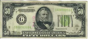 1934 50$ Federal Reserve Note - Yellow Seal - WAJ/JWSy G00808359A - #13670 - Picture 1 of 2