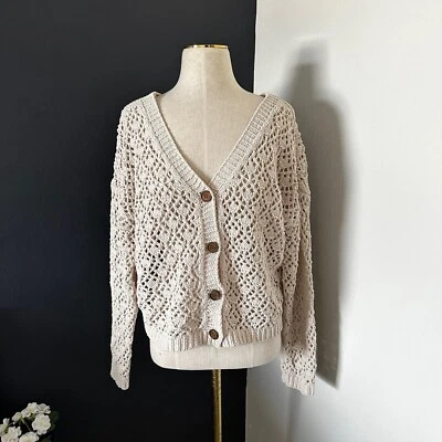 Artelier Nicole Miller Open Knit Button Front Cardigan Sweater Sz L Tan Crochet - Image 1 of 4