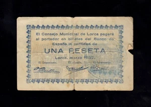 F.C. LORCA (MURCIA) , 1 PESETA , MBC , ROTURAS EN LATERAL . - Imagen 1 de 2