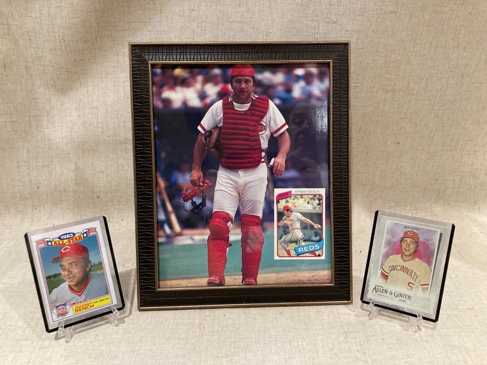 Johnny Bench SET: 8x10 Framed 1988 Photo-1984 Topps AS #22-2020 Allen Ginter #72 - Image 1 of 4