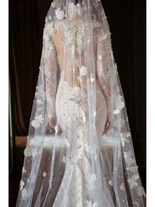 Gorgeous Floral Bridal Veil Embroidered Lace dotted W/ PearIs Ivory w Comb 118”L - Picture 1 of 10