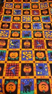 Cranston Village Vintage Halloween Fabric Pumpkins Black Cat Spiders 44"W×39"L - Picture 1 of 2
