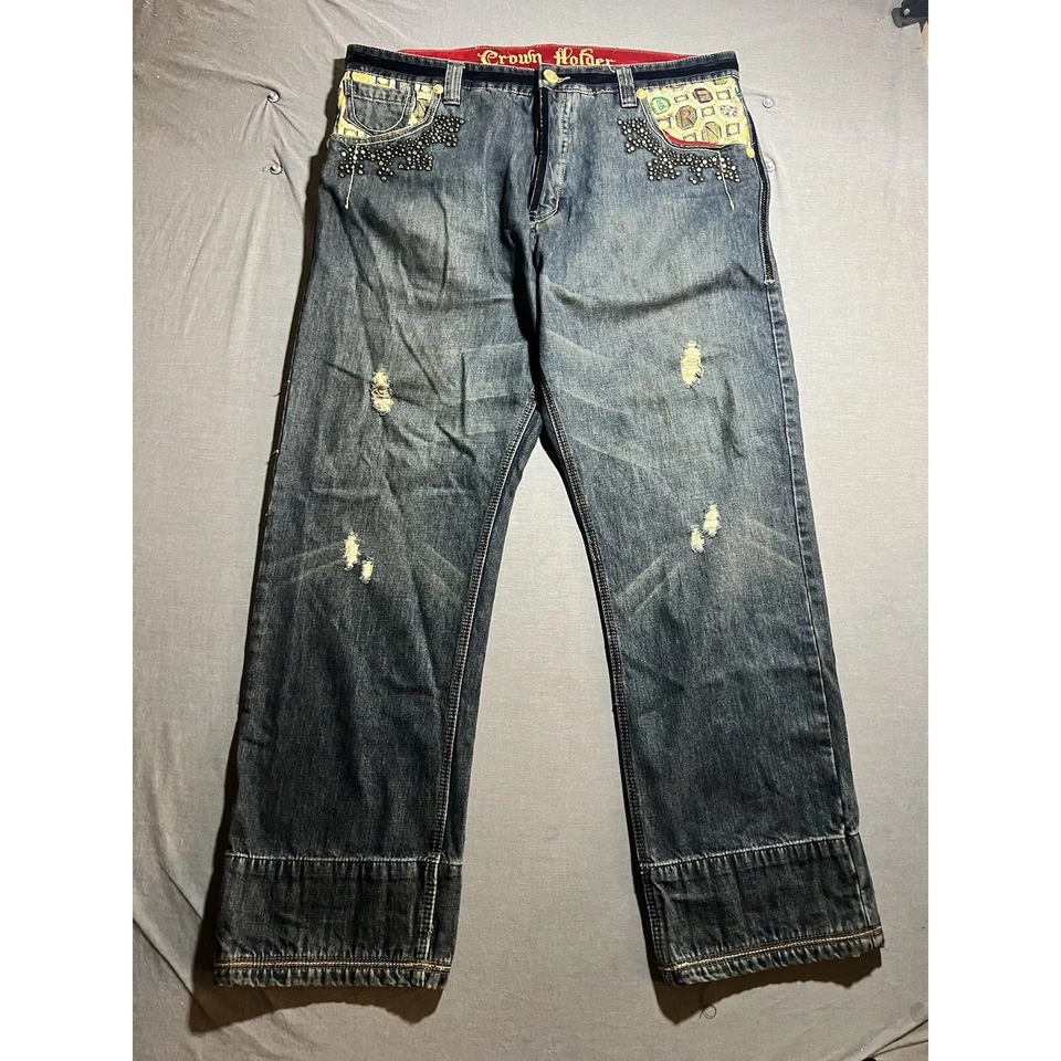 Vintage Crown Holder Jeans 42x35 Jeans Blue Denim Pocket Embroidered Hip Hop Y2k - Image 1 of 4