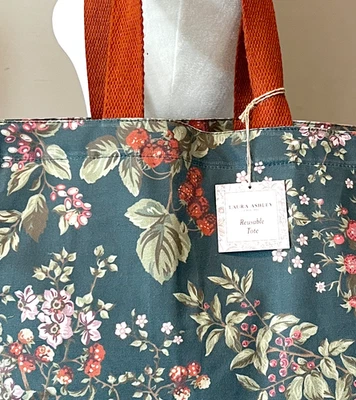 Laura Ashley Floral Large Canvas Tote Rust & Dk Green Cottagecore Boho Autumn - Image 1 of 4