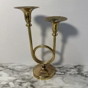 Vintage Double French Horn Brass Candlestick Candle Holder Double Candleabra - Picture 1 of 9