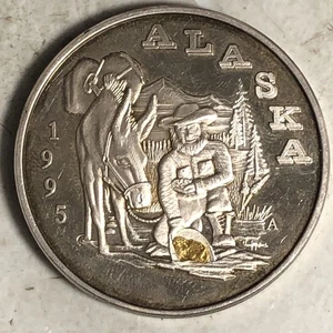 1995 Alaska .999 1 Ounce Silver Round Gold Panner With Real Gold Nugget In Pan - Bild 1 von 6