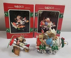 2 x Enesco Mice Mouse  Ornaments Christmas Fills The Air Plane & Tankful Train - Picture 1 of 21