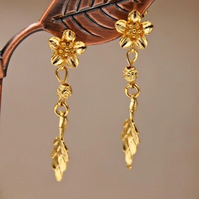 Pretty New 18K Yellow Gold Filled Flower Bead & Leaf Stud Dangle Earrings - Image 1 of 4