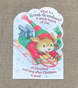 Vintage Hallmark Happy Dog On Sled Great Grandson Christmas Card Junk Journaling - Picture 1 of 4