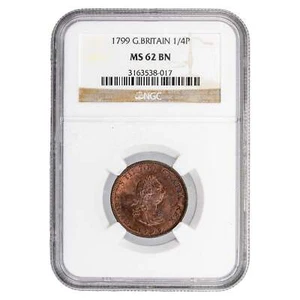 Great Britain 1799 1/4d Farthing Coin - NGC MS-62 BN - Picture 1 of 4