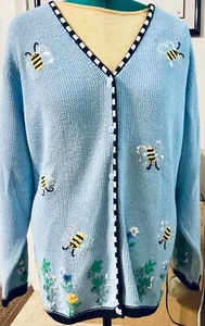 Vintage Quacker Factory Blue Bumble Bee🐝 Floral Button Cardigan Sweater Sz 2x - Picture 1 of 3