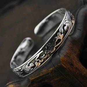 Bracciale Vintage S925 Argento Modello Plt Bohemien Morbido Foglia di Loto Bracciale Aperto UK - Foto 1 di 6