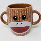 Galerie Sock Monkey Coffee Cup Mug Brown White Double Handle Ceramic 4 Tall