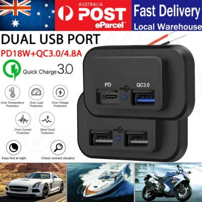 12/24V PD+QC3.0 Dual USB Port Car RV Fast Charger Socket Power Outlet Waterproof - image 1 of 4