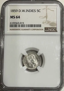 Danish West Indies - 1859 5c NGC MS 64 RARE GRADE - Picture 1 of 2