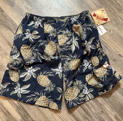 Vtg Caribbean Joe Swim Trunks Lined Zip Pocket Plastic Pouch Pineapple Large - Image 1 of 4