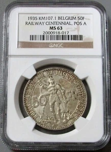 1935 SILVER BELGIUM 50 FRANKS RAILWAY CENTENNIAL NGC MINT STATE 63 - Picture 1 of 4