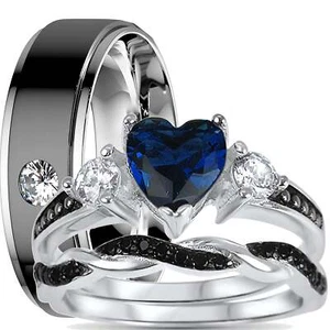 Unique His and Her Wedding Set Blue Black Couple Engagement Rings Him Her - Picture 1 of 5